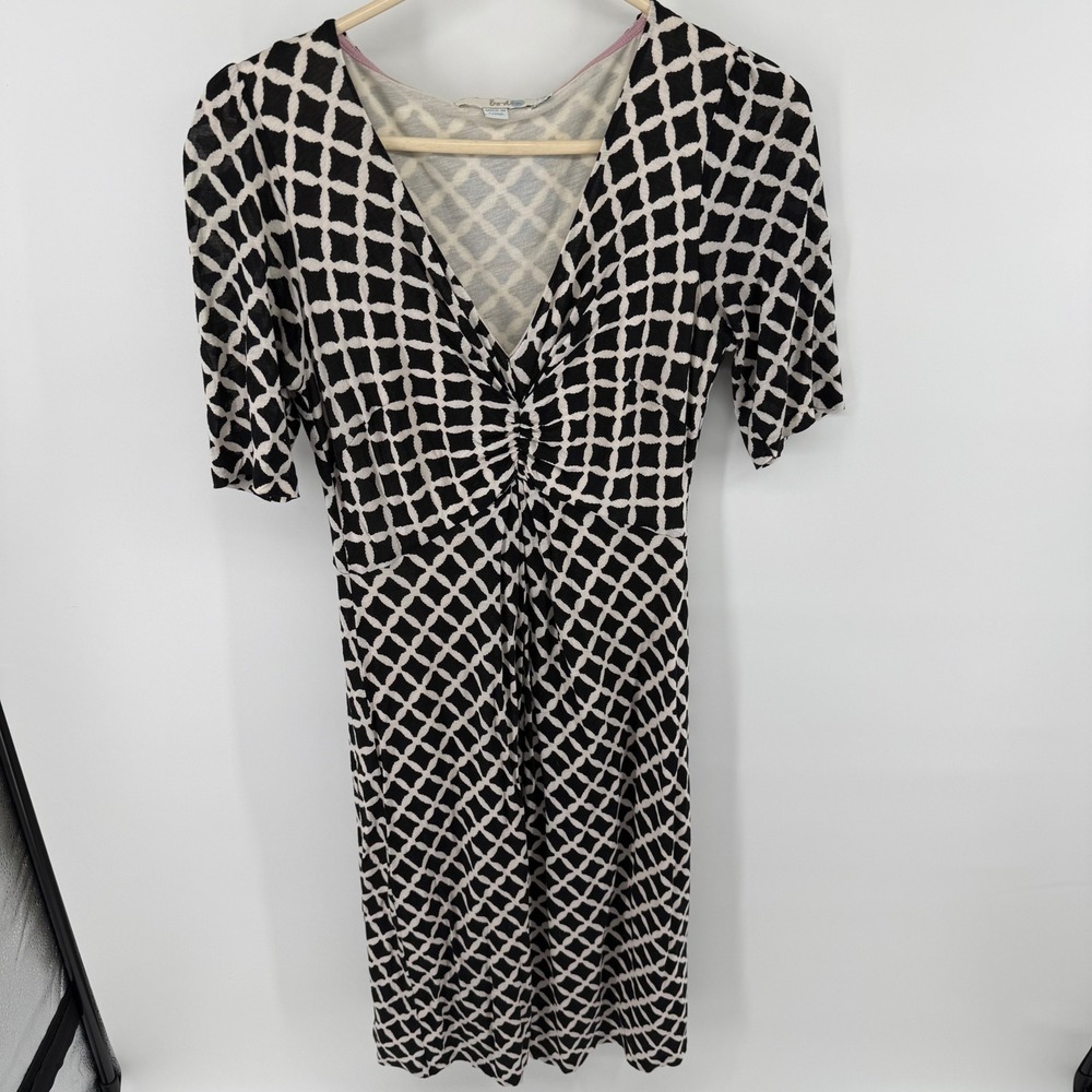Boden Black White Geometric Lattice V-Neck‎ Ruched Short Sleeve Dress US 8L